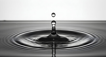 Dramatic Black and White Water Drop Creates Ripples on a Smooth Surface Against Gradient Background, Showcasing Fluid Dynamics and Minimalist Design