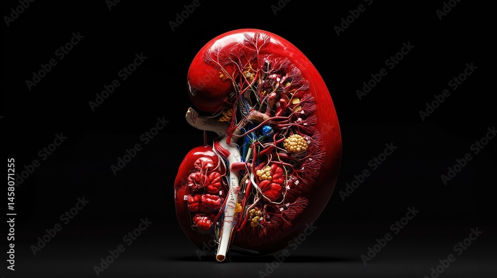 Poster bright red anatomical kidney model floating in darkness, highlighting structure and vessels