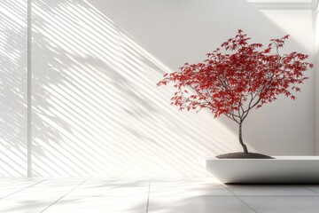 Zen-style white room with small red maple tree in planter