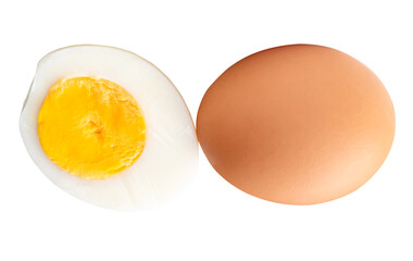 Top view of raw chicken egg and peeled cooked or boiled egg with egg yolk in half isolated with clipping path in png file format