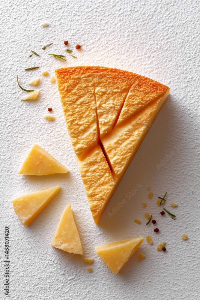 Poster pecorino cheese slice with textured surface features in minimalist style. simple white background en