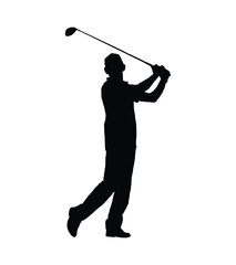 Man playing golf black silhouette. Professional golfer hitting ball in draw position at course black silhouette vector illustration.