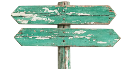 Png of A weathered teal signpost with two empty directional arrows, showing signs of wear and peeling paint.