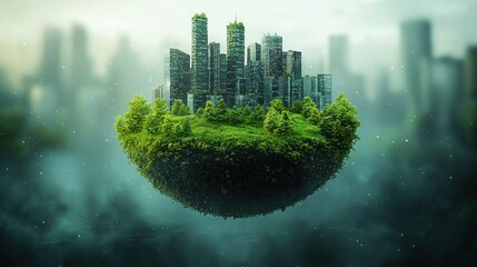 Floating city island, surrounded by fog. Lush greenery, modern buildings