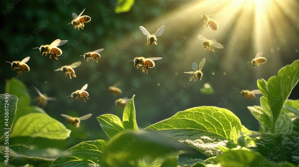 Poster Buzzing swarm captured in sharp focus with soft green nature backdrop