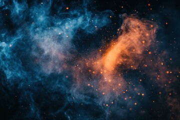Dramatic display of flying dust particles against a dark background creates an abstract visual effect, Flying dust particles abstract black background