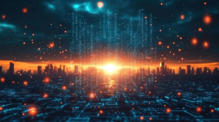 Futuristic city skyline at sunrise, digital code overlay