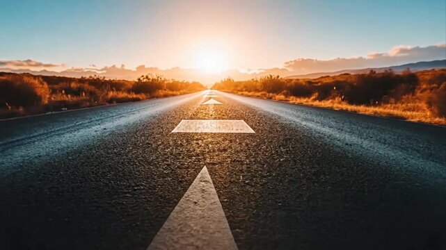 A cinematic journey down a long asphalt road bathed in golden sunset light with arrow markings leading onward