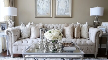 Elegant light beige living room showcasing a luxurious sofa.