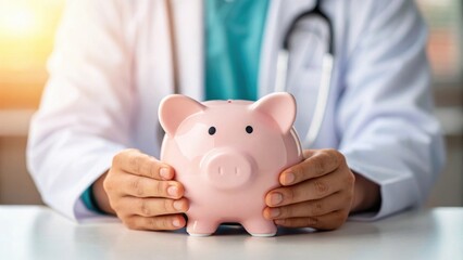 Health Insurance plan and medical, hospital. A doctor holds a piggy bank symbolizing financial health and savings.