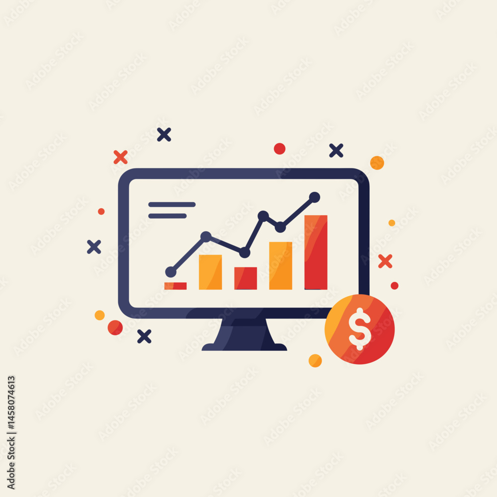 Poster digital growth chart with dollar sign on computer screen