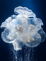 Obraz premium Cluster of luminous jellyfish in deep sea.