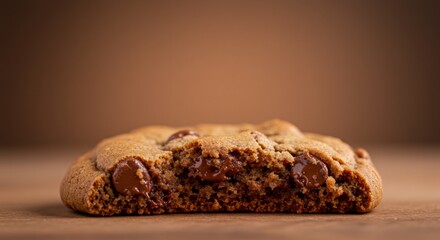 Fototapeta premium Freshly Baked Chocolate Chip Cookie Close-Up on a Rustic Wooden Table with a Soft Brown Background Highlighting the Deliciousness and Texture of the Treat