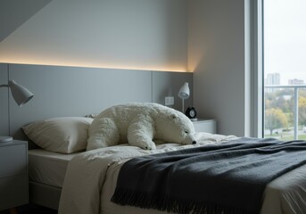 Cozy Bedroom Interior Design White Polar Bear Plush Toy on Bed Soft Blanket Grey Home Cute Warm Calm