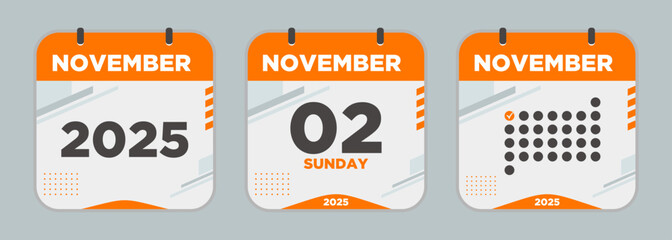 Calendar icon. November. 2025 2 day. The concept of waiting for an important date. Day calendar with date November 2. Cheklist day calendar. Vector illustration.