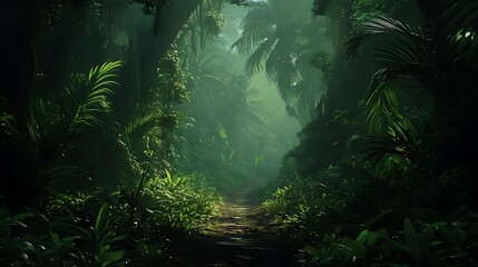Fototapeta premium Jungle path with misty rainforest.