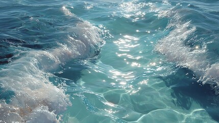 Obraz premium forecast intelligence evolution future subconcious surreal dream opinion A serene view of sunlit ocean waves gently rolling and shimmering under the clear blue sky, inviting calm and reflection.