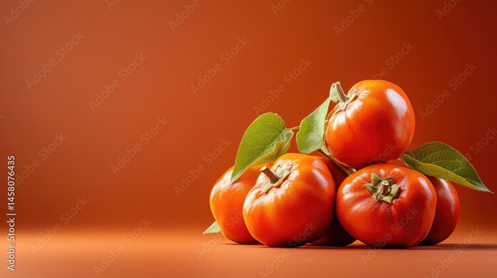 Poster close-up of a group of persimmons with leaves on a minimal warm background