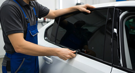 Mechanic Applying Tint to Car Window in Auto Repair Shop Wearing Blue Uniform With Precise Install White Vehicle