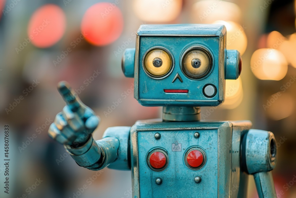 Aufkleber robot warning with raised index finger in a vibrant setting, the robot points with its index finger 