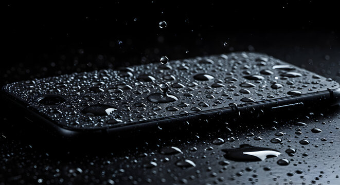 Modern Black Smartphone Covered in Water Droplets on Dark Reflective Background Shows Waterproof Technology