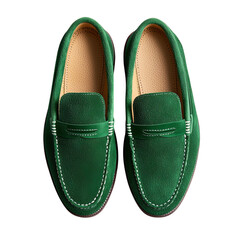 Png of Stylish green leather loafers with contrasting stitching and a sleek design suitable for casual and formal occasions.