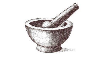 Detailed illustration of a vintage mortar and pestle.