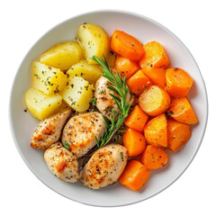 Delicious healthy meal featuring grilled chicken, roasted carrots, and potatoes on a transparent plate, Healthy meal with carrot, potatoes and chicken on transparent background