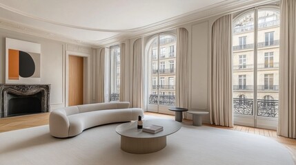 Elegant, modern living room with large windows showcasing a city view.
