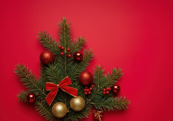 Obraz premium Red Christmas Background Festive Holiday Decorations Winter Season Pine Branches Ornaments Balls Bow