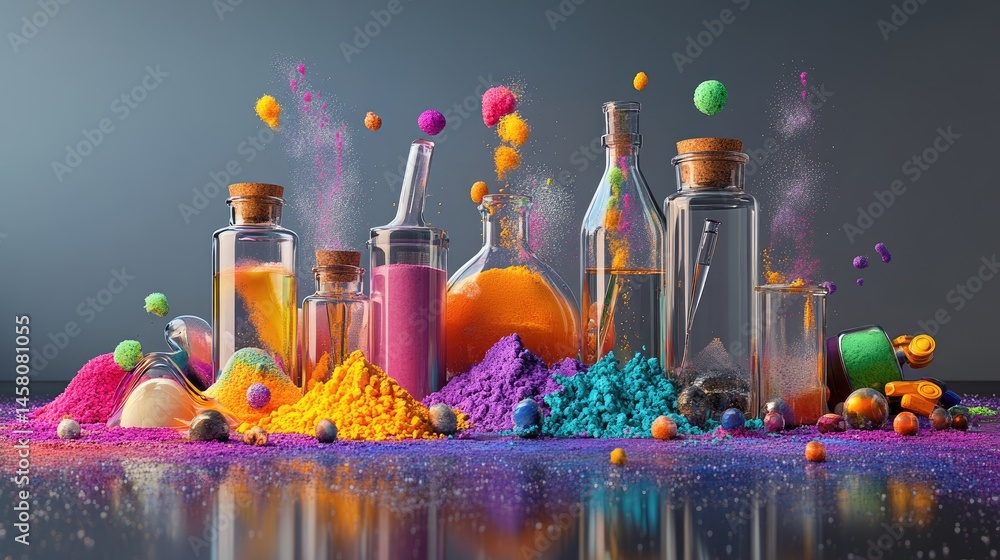 Poster contemporary lab setting with colorful reflections and powdered contents