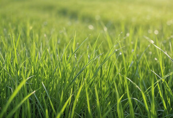 Fototapeta premium Vibrant green wheat field with fresh grass sways gently in the wind, a scene of rural nature under a bright summer day