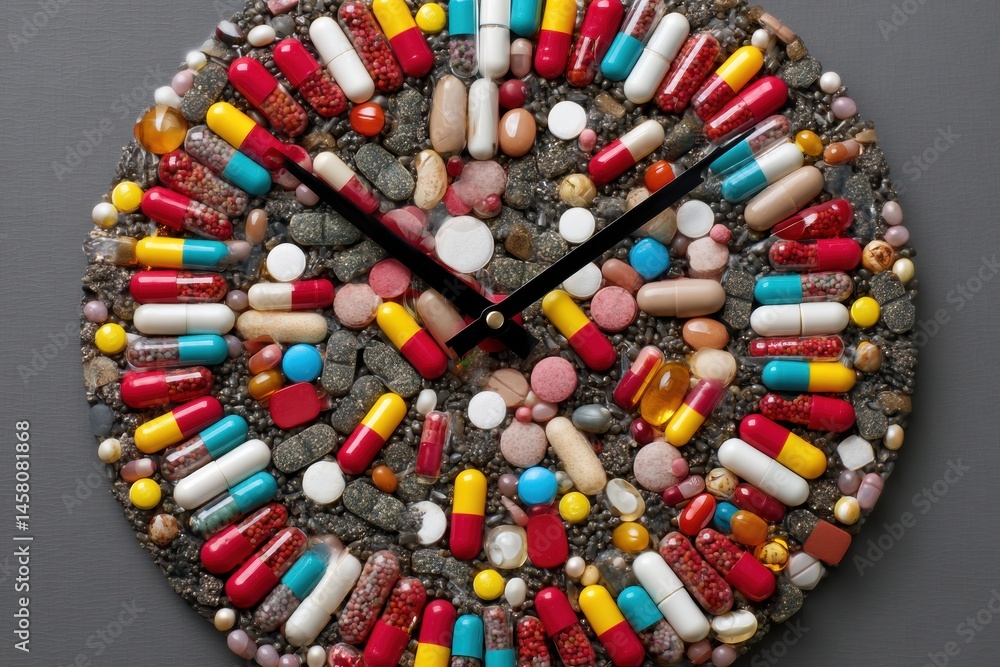 Aufkleber creative clock design featuring pills and vitamins exemplifying the time to heal concept with vibran