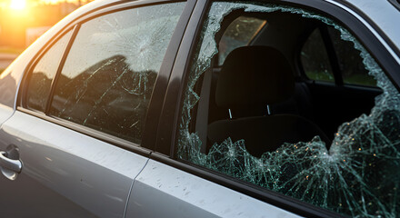 Fototapeta premium Shattered Car Window Displaying Vandalism and Damage with Cracked Glass Texture and Silver Metallic Car Exterior in Sunlight