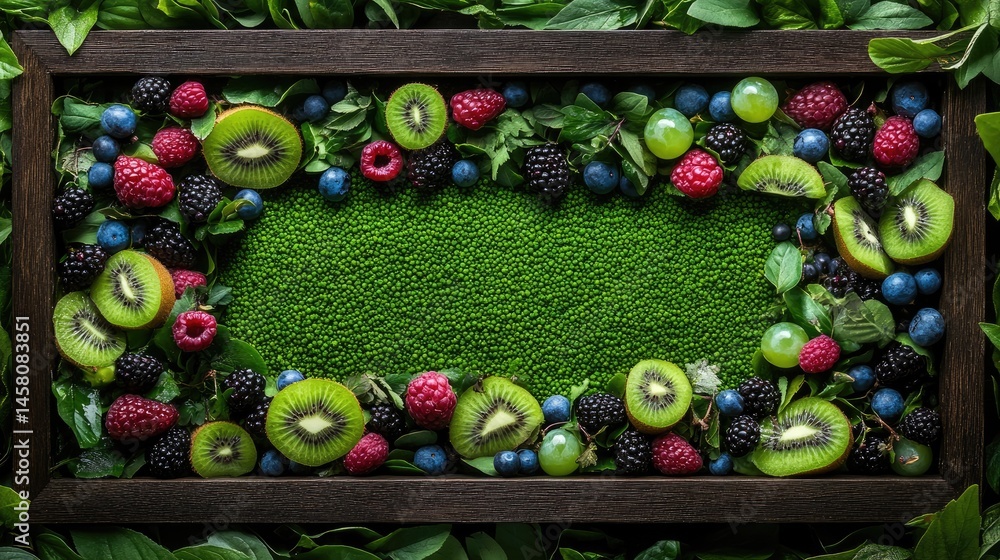 Poster elegant fruit display with colorful berries and kiwi slices framed by greenery