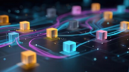 Abstract 3 d illustration of interconnected colorful blocks on dark background