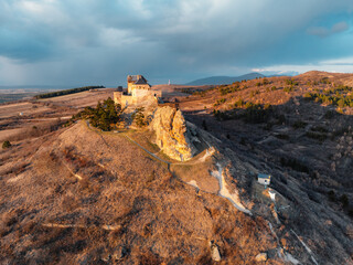 Watchtower of Boldogkő or Boldogko fortress with Boldogkővárallja village near tokaj region in...