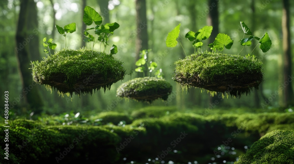 Poster elevated forest elements: floating moss patches in deep green forest