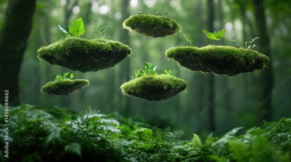 Poster elevated forest elements: floating moss patches in deep green forest