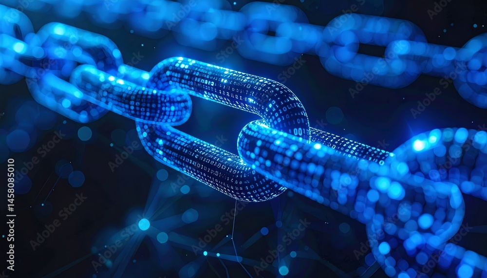 Poster a digital chain glowing in blue symbolizes blockchain technology, connectivity, and secure data tran