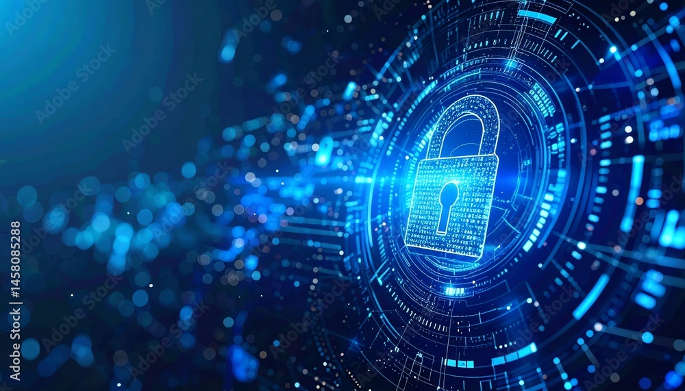 Poster a digital padlock surrounded by glowing circuits symbolizes cybersecurity and data protection.