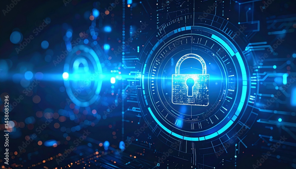 Poster futuristic digital lock symbolizing cybersecurity and data protection in a high-tech virtual environ