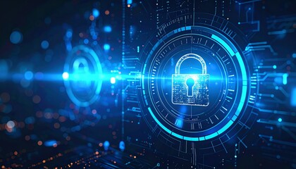 Futuristic digital lock symbolizing cybersecurity and data protection in a high-tech virtual environment.