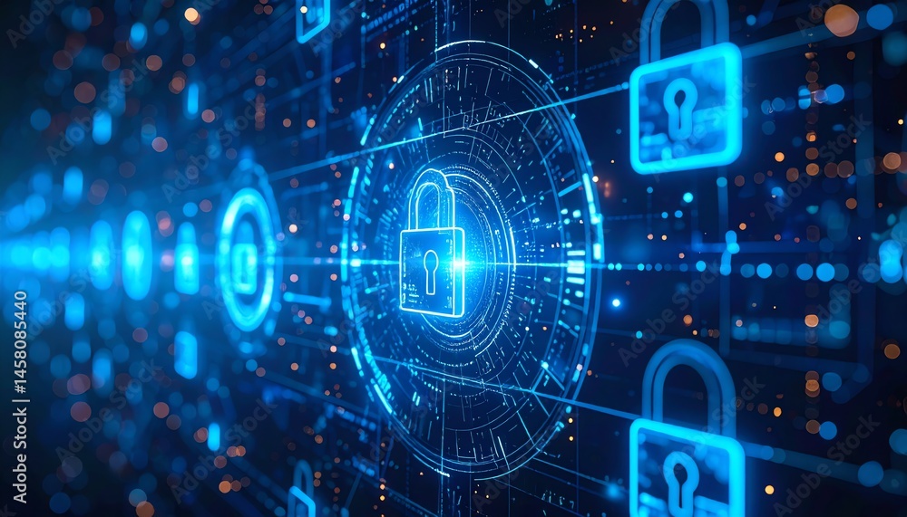 Poster digital padlocks and circuits symbolize cybersecurity, data protection, and secure network connectio