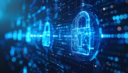Digital padlocks symbolize cybersecurity and data protection in a futuristic, blue-toned virtual environment.