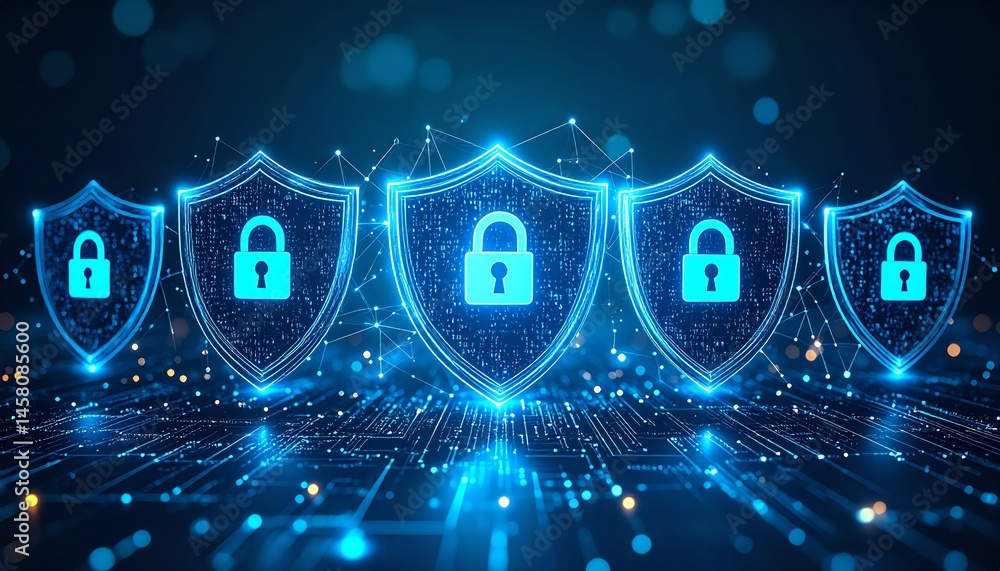 Poster five glowing digital shields with padlocks represent cybersecurity and data protection in a high-tec