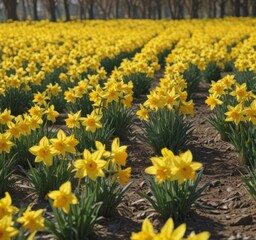 Obraz premium Sunlit field of vibrant yellow daffodils in full bloom , detail, field of flowers, beauty