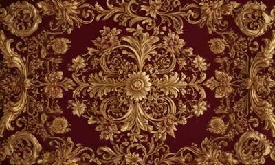 Opulent gold & burgundy floral baroque  Intricate scroll design, rich texture ,  wallpaper,  pattern