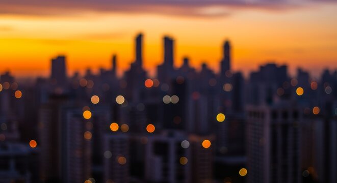 A blurred vibrant sunset paints the urban cityscape silhouette with warm hues across the sky