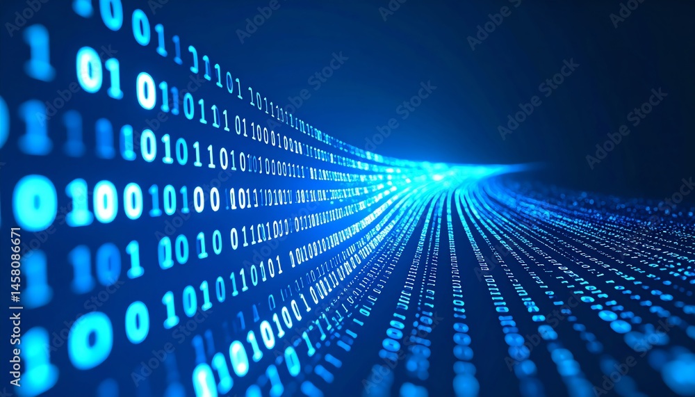 Poster a digital stream of binary code flows across a blue background, symbolizing data transfer and techno